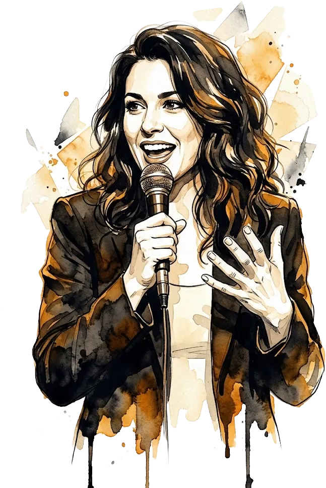 A stand-up comedian mid-bit, mic in hand, sizing up the room