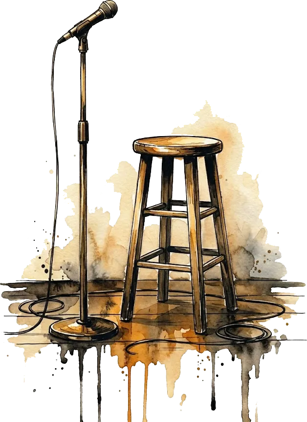 An empty stage, one microphone and a stool, waiting